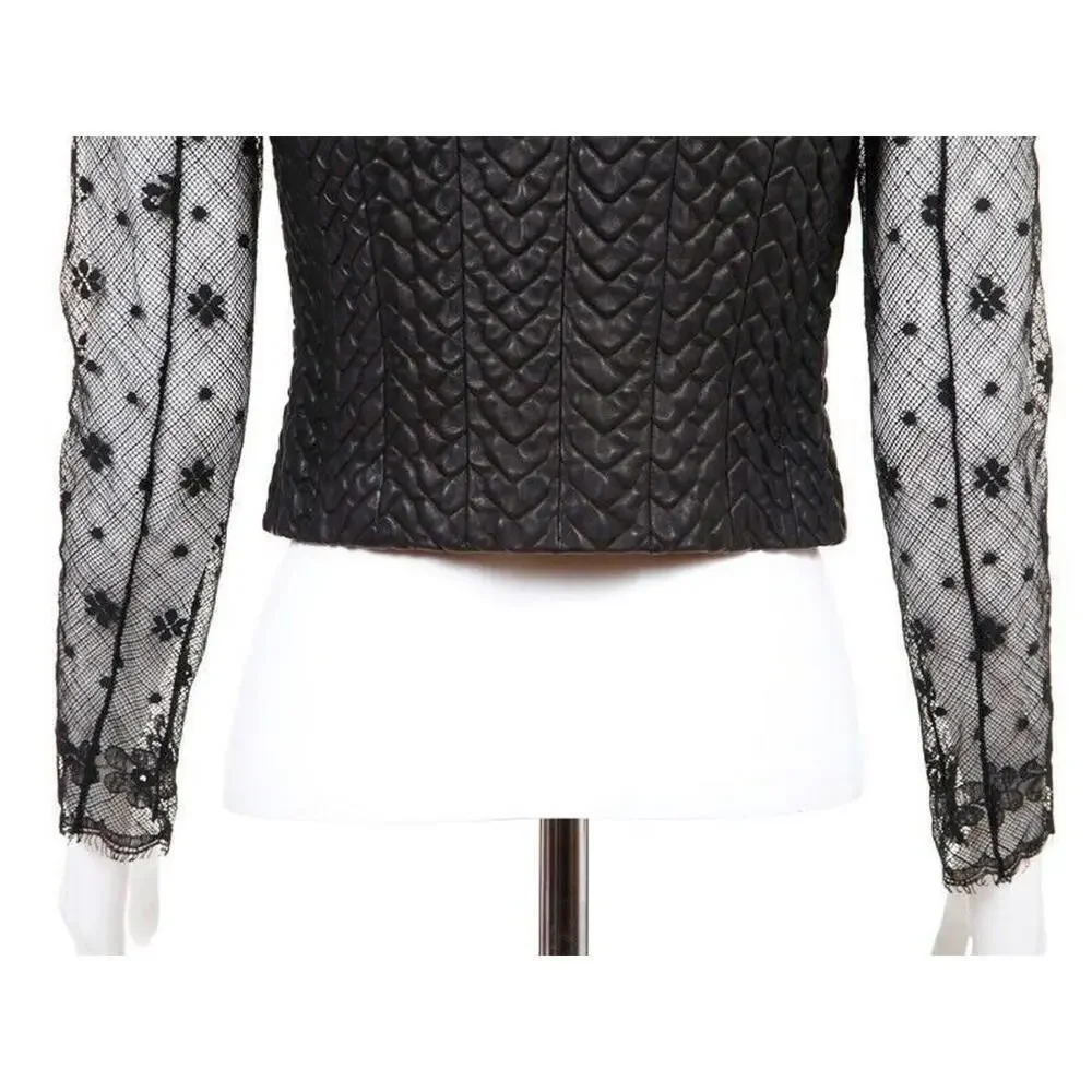 03A CHANEL Leather Lace Black Top 2003 Rare Long Sleeve FR-36 Blouse Jacket